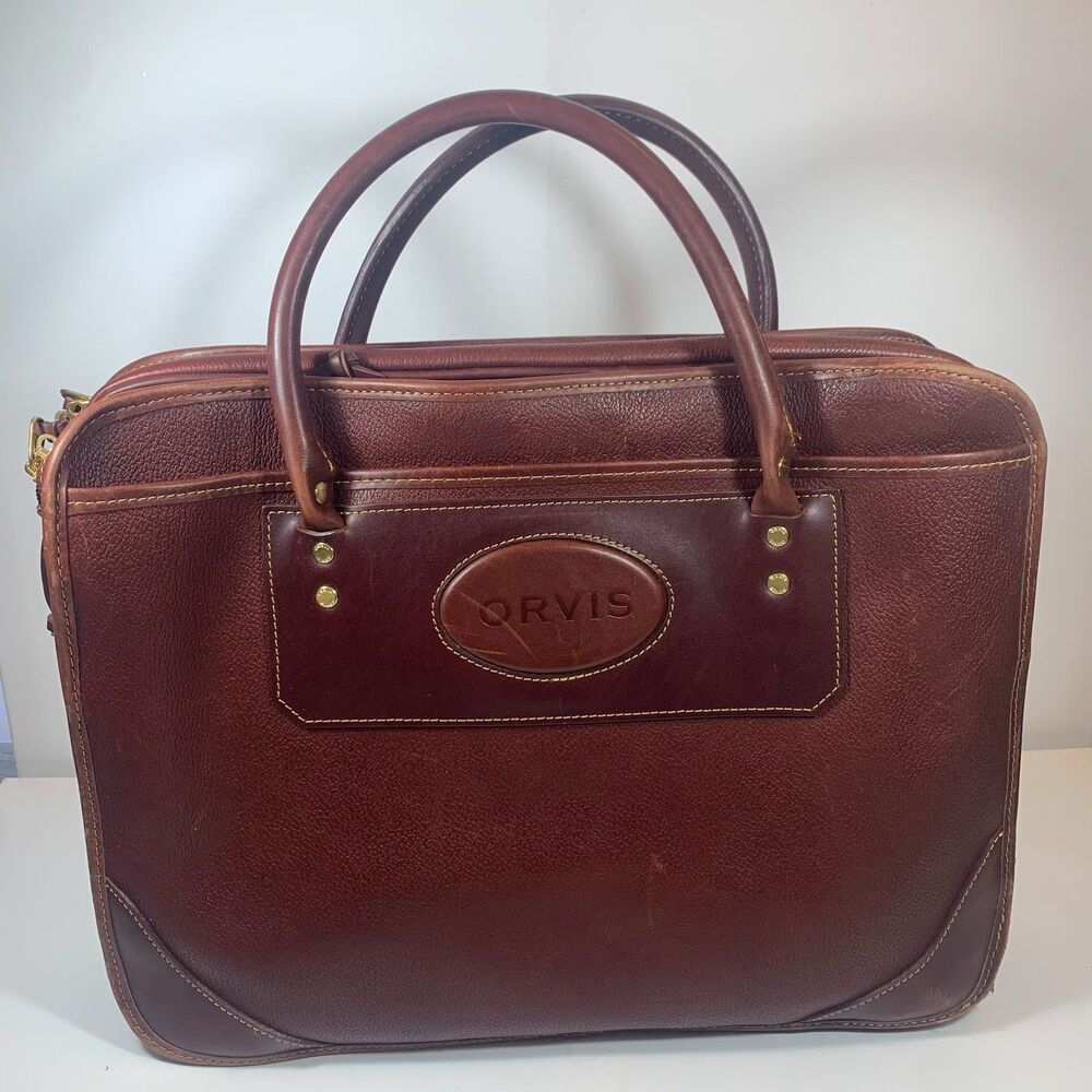 Vintage Orvis Brown Pebbled Leather Briefcase Messenger Laptop Bag Plaid Lining